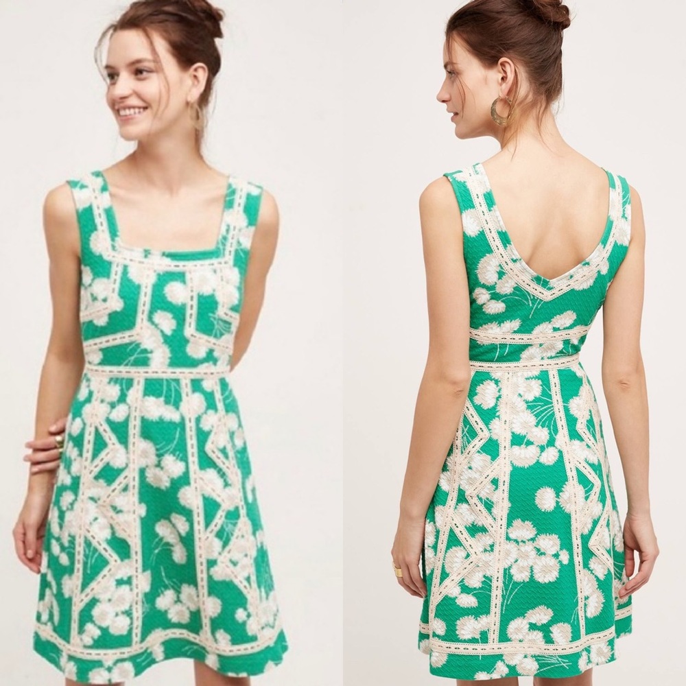 Anthropologie Maeve Green Floral Crochet Lace Mini Dress Size 8